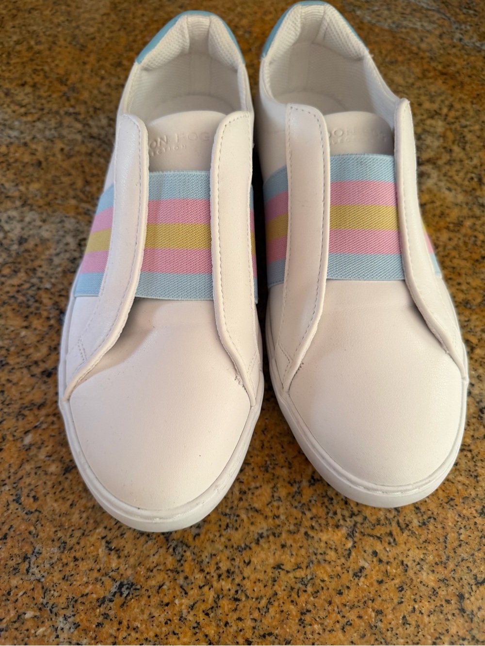 London Fog White Slip-On Sneakers with Pastel Stripe Band